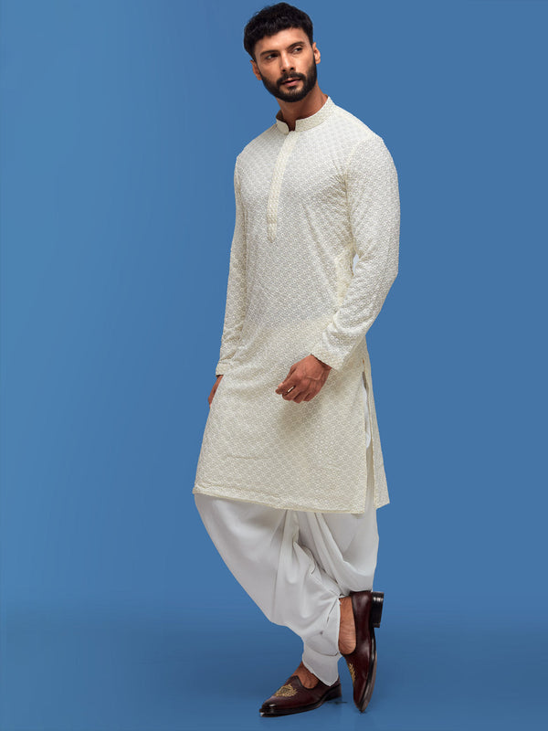 Handwoven Off-White Kurta in Cotton Silk for Men