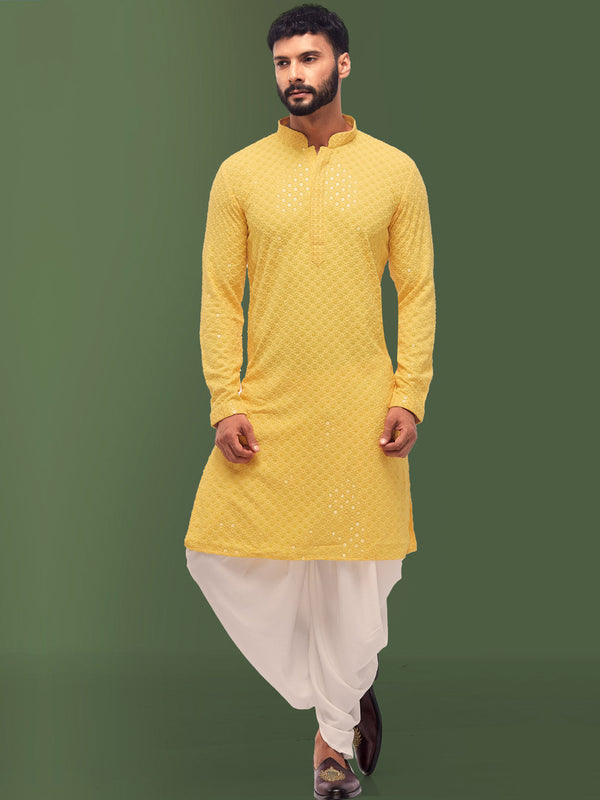 Fresh Lemon Yellow Shade Handcrafted Kurta For Men