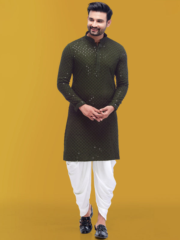 Fashionable Mehendi Green Cotton Silk Men Kurta