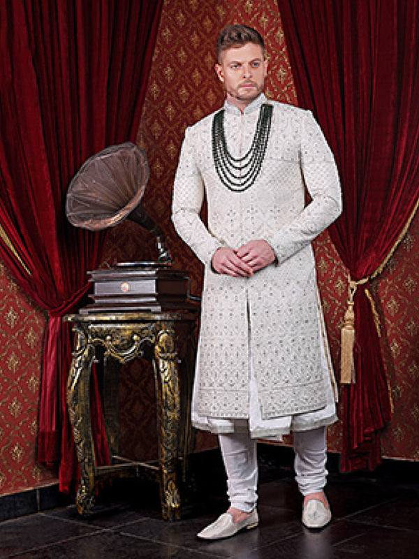 White Sophisticated Silk Designer Sherwani For Men Exclusively