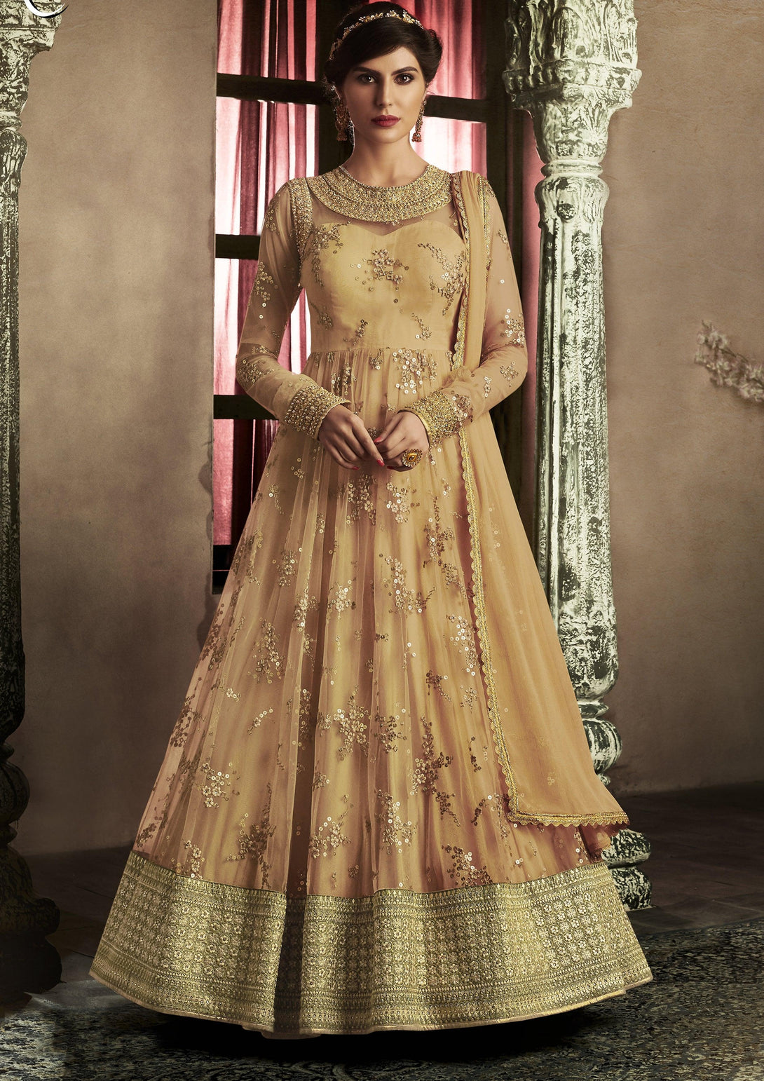 Party Wear Floor Length Anarkali Set in Orange - Indiakreations