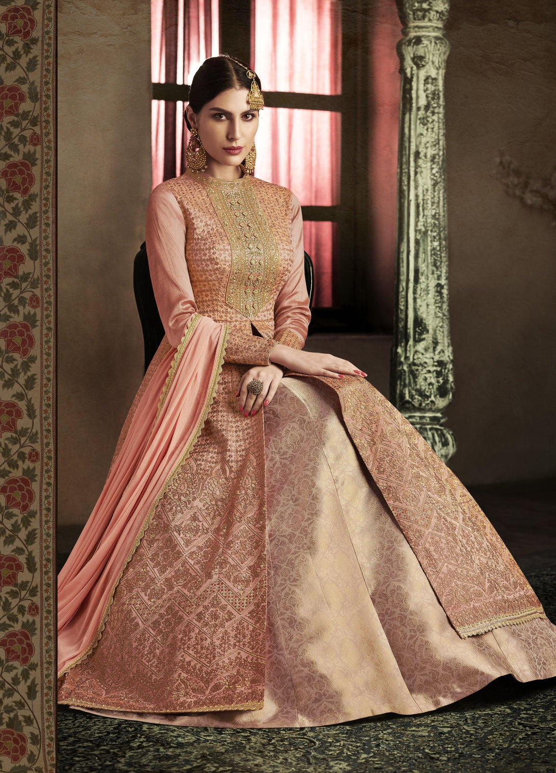 Slub Silk Floor Length Anarkali Set in Rust - Indiakreations