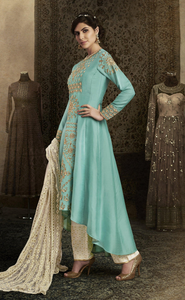 Silk Floor Length Salwar Suit in Firozi - Indiakreations