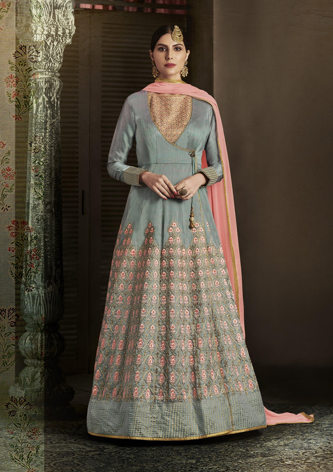 Grey Slub Silk Floor Length Party Wear Anarkali Set - Indiakreations