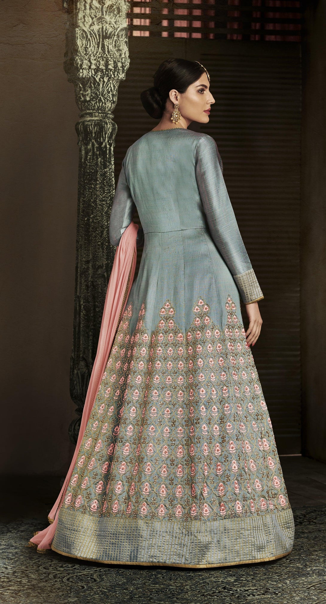 Grey Slub Silk Floor Length Party Wear Anarkali Set - Indiakreations