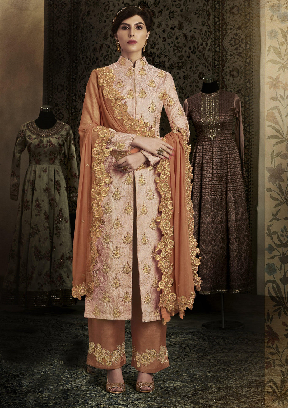 Brocade Floor Length Salwar Suit in Peach - Indiakreations