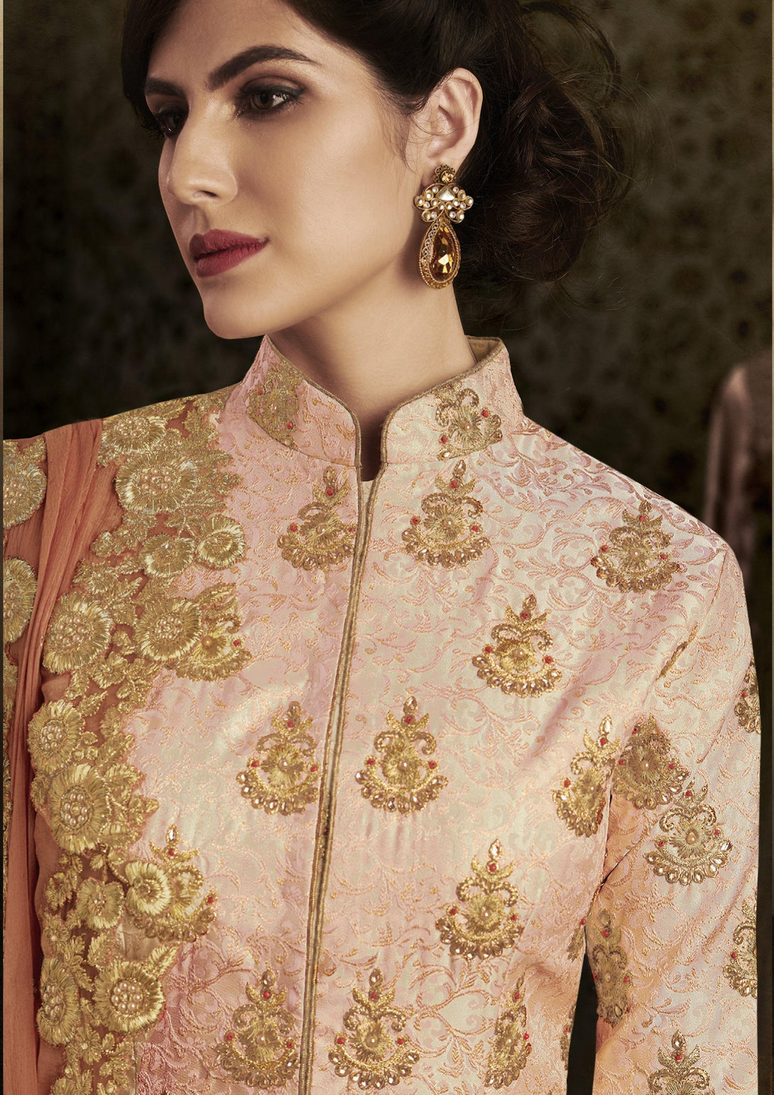 Brocade Floor Length Salwar Suit in Peach - Indiakreations