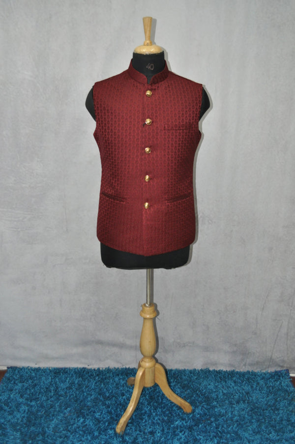 Maroon Woven Nehru Jacket By Suvidha