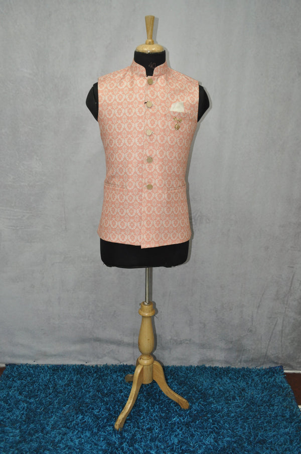 Designer Peach Printed Men's Nehru Jacket