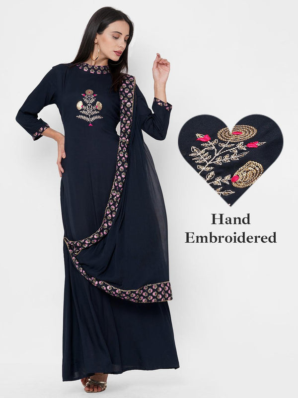 Sequin Hand Embroidered Maxi Dress with Solid Attached Dupatta - Navy Blue - Indiakreations