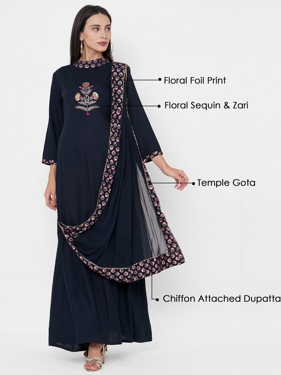 Sequin Hand Embroidered Maxi Dress with Solid Attached Dupatta - Navy Blue - Indiakreations