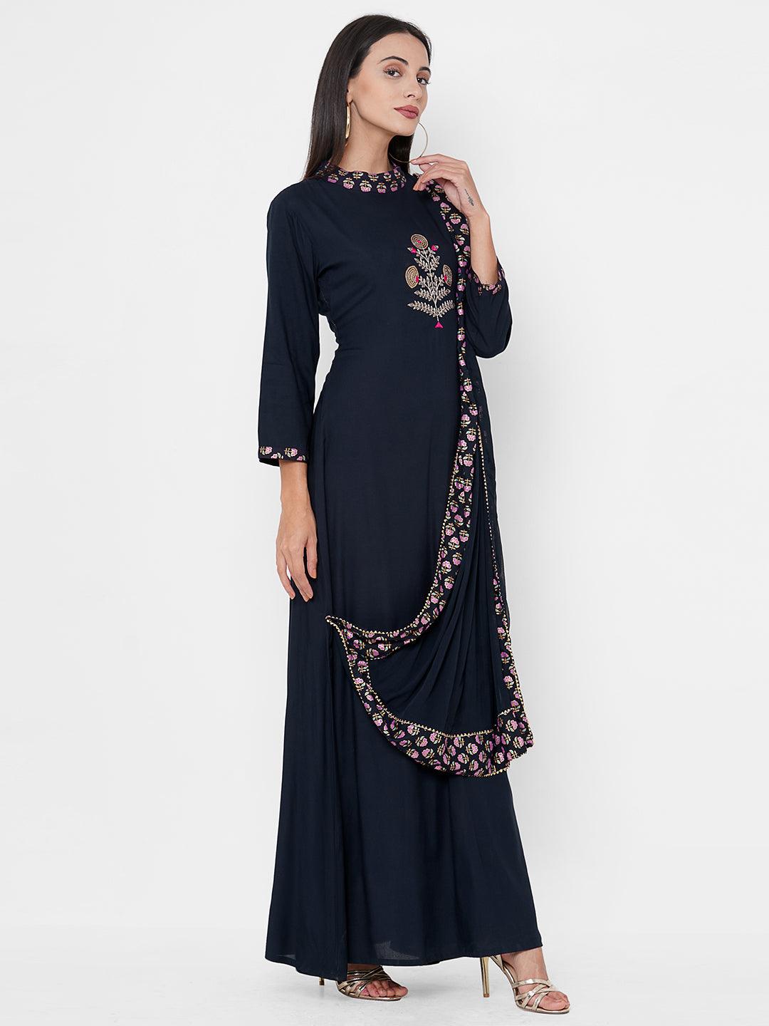 Sequin Hand Embroidered Maxi Dress with Solid Attached Dupatta - Navy Blue - Indiakreations