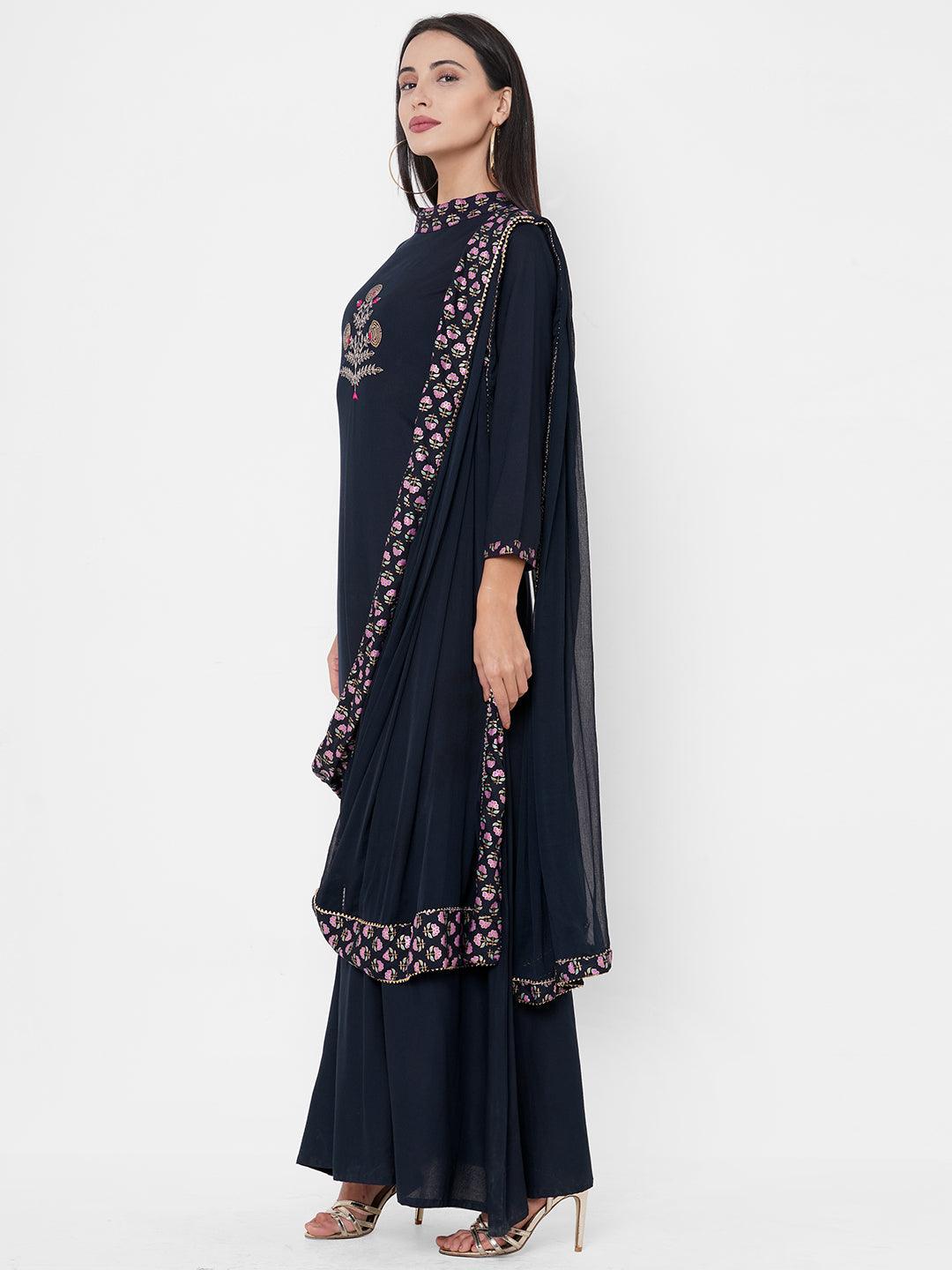 Sequin Hand Embroidered Maxi Dress with Solid Attached Dupatta - Navy Blue - Indiakreations