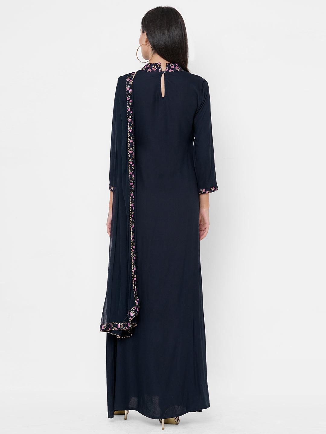 Sequin Hand Embroidered Maxi Dress with Solid Attached Dupatta - Navy Blue - Indiakreations