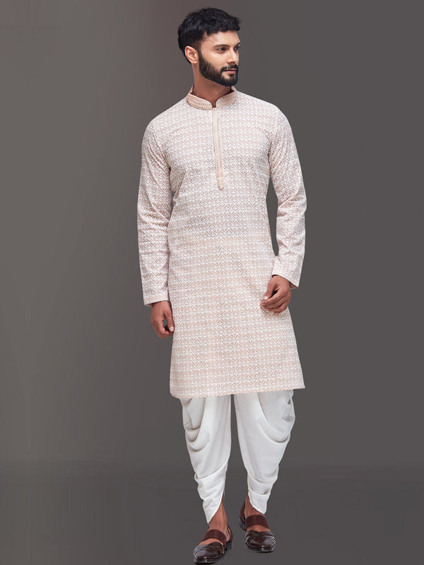 Men Peach and White Toned Embroidered Kurta