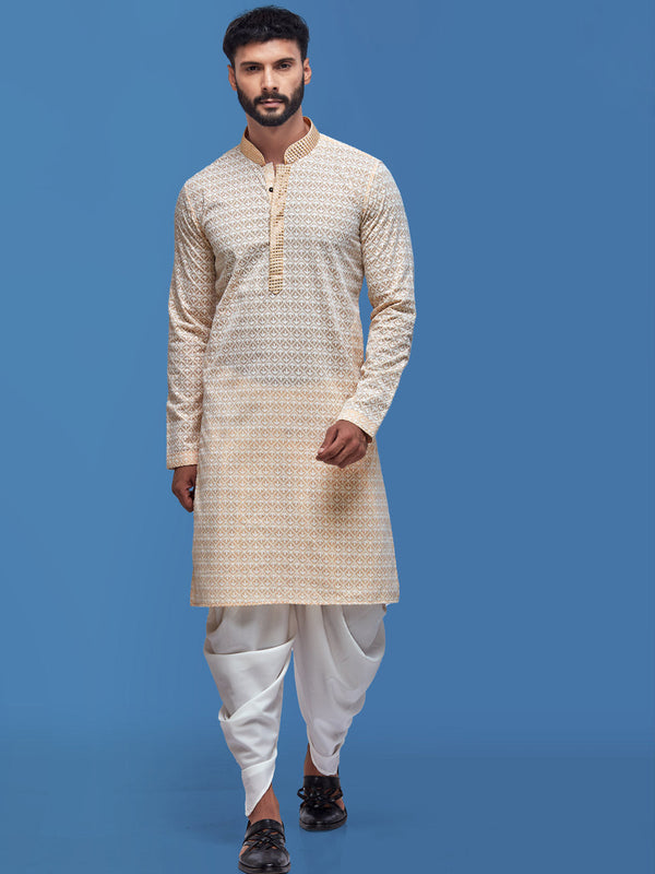 Men Cream Ethnic Motif Embroidered Kurta