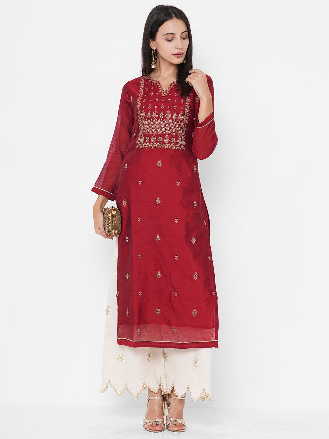 Zari Floral Embroidered Straight Kurta - Cherry Red - Indiakreations