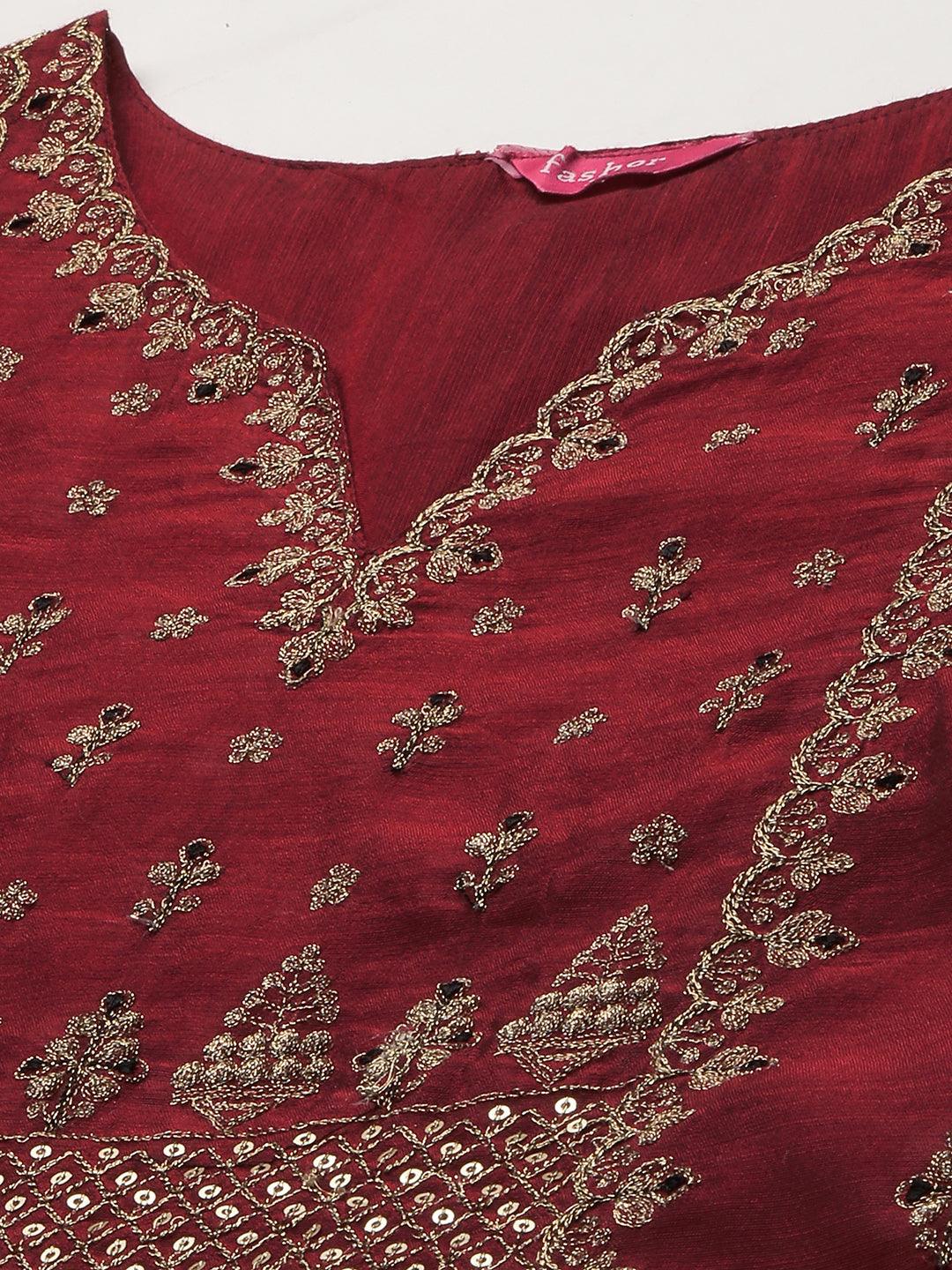 Zari Floral Embroidered Straight Kurta - Cherry Red - Indiakreations