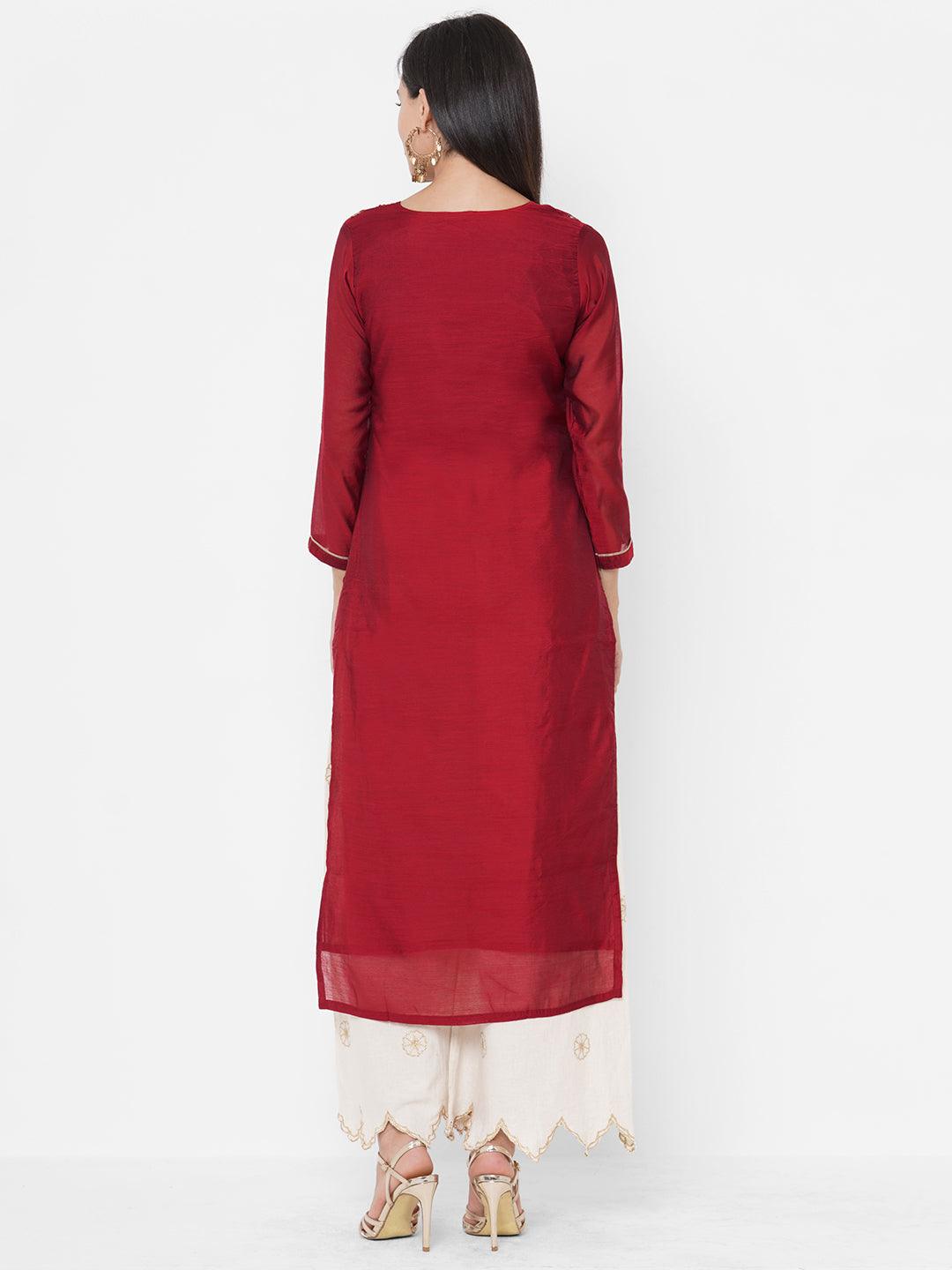 Zari Floral Embroidered Straight Kurta - Cherry Red - Indiakreations