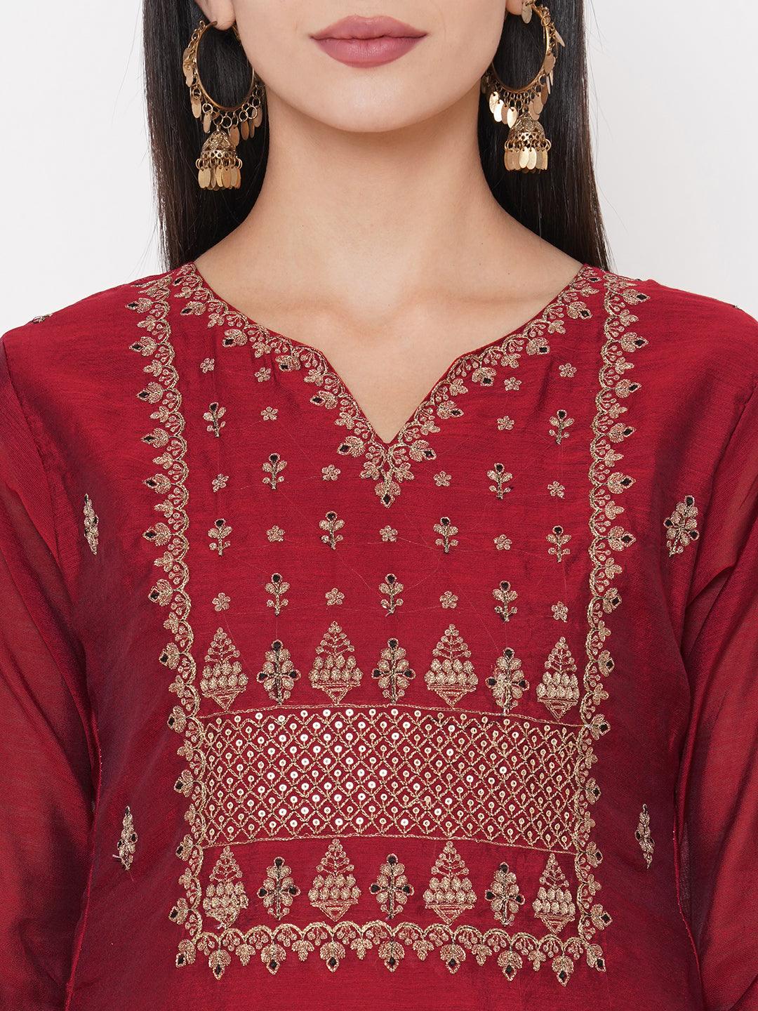 Zari Floral Embroidered Straight Kurta - Cherry Red - Indiakreations