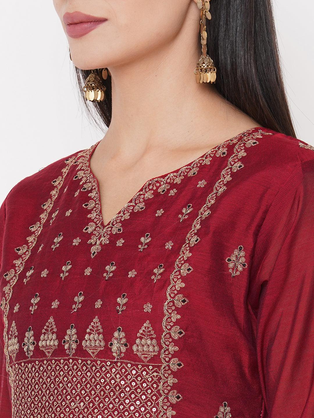 Zari Floral Embroidered Straight Kurta - Cherry Red - Indiakreations