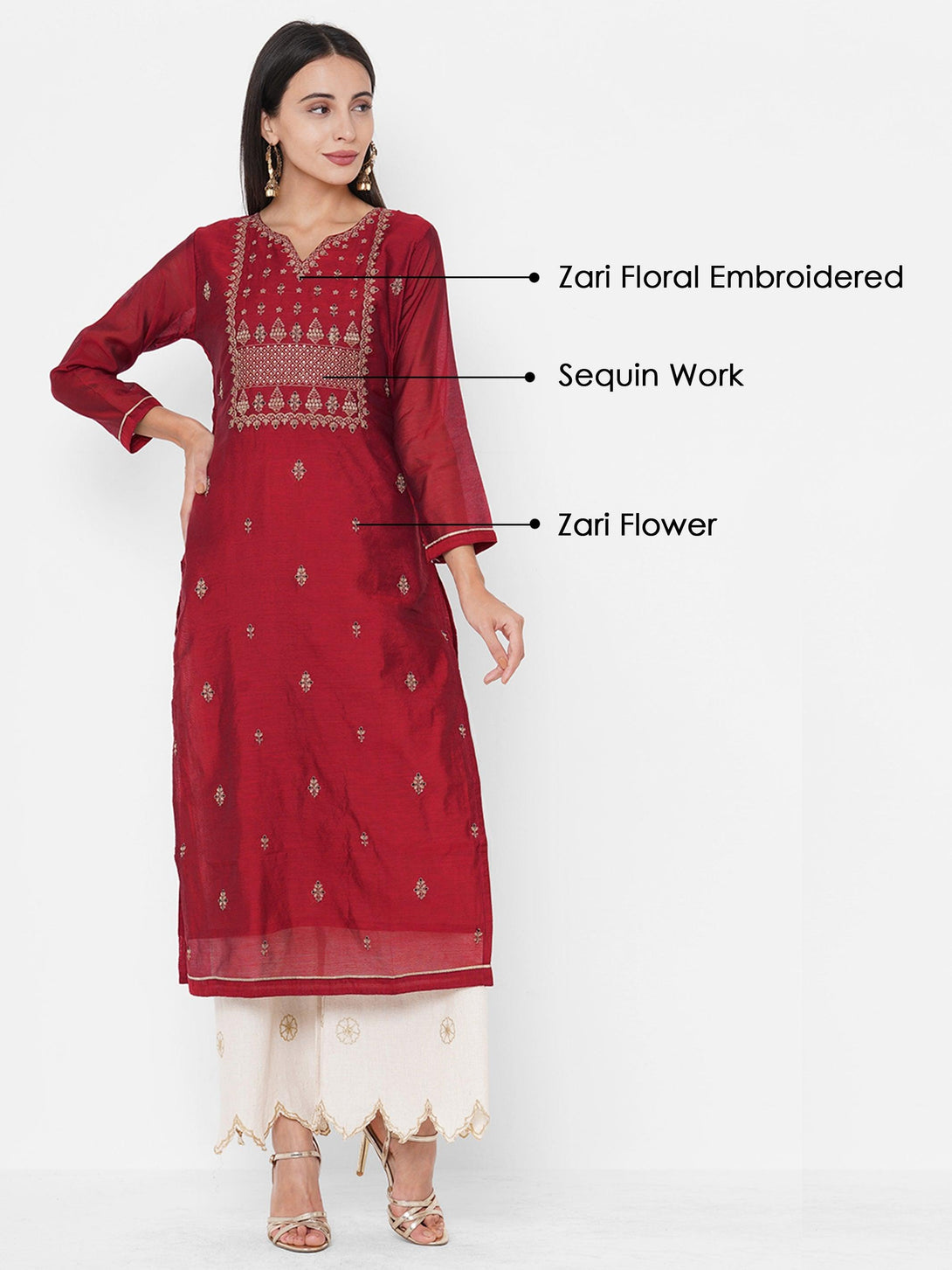 Zari Floral Embroidered Straight Kurta - Cherry Red - Indiakreations