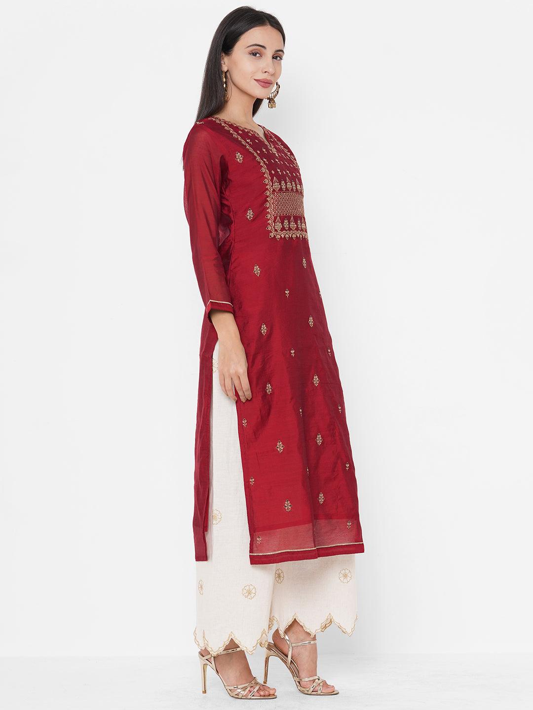 Zari Floral Embroidered Straight Kurta - Cherry Red - Indiakreations