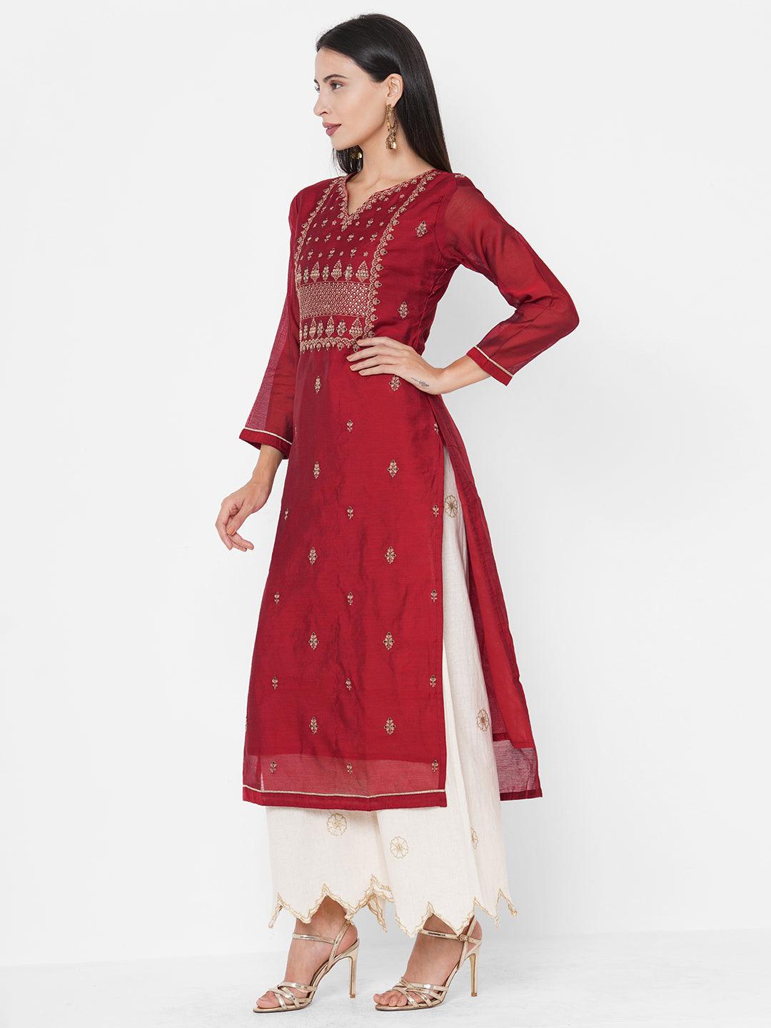 Zari Floral Embroidered Straight Kurta - Cherry Red - Indiakreations