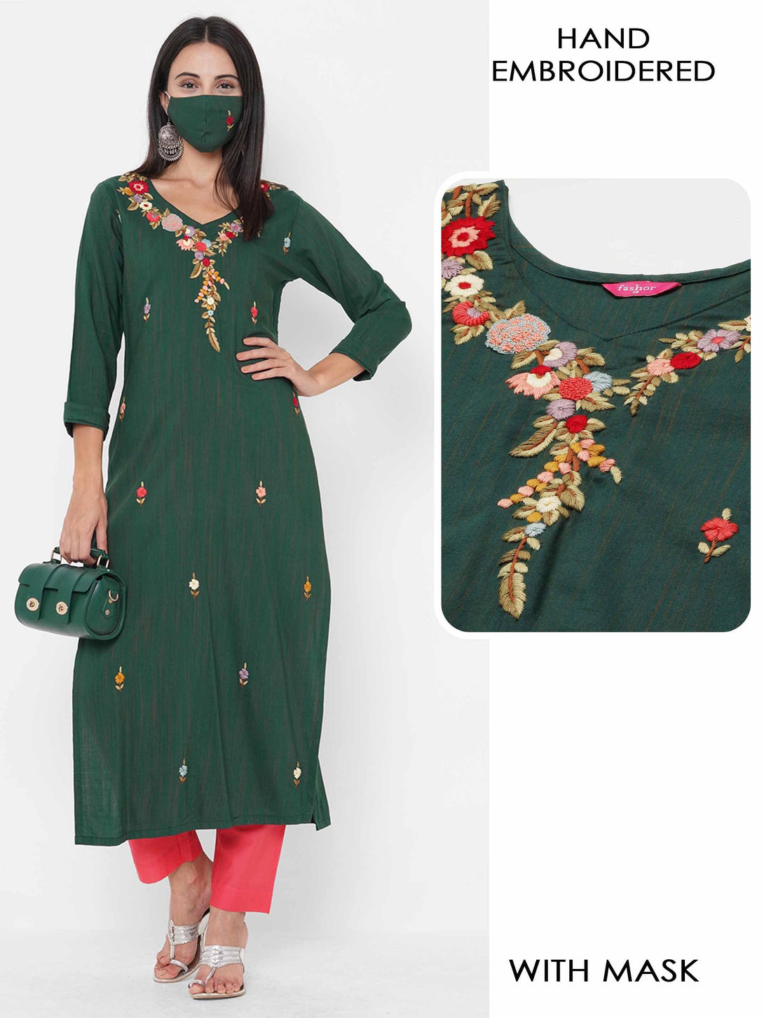 Floral Hand Embroidered & woven Design Kurta with 2-Ply Embroidered Mask - Dark Green - Indiakreations