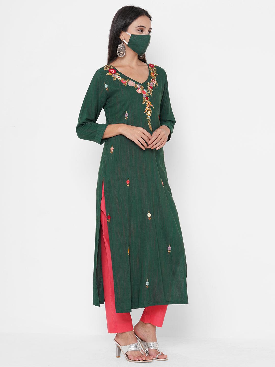 Floral Hand Embroidered & woven Design Kurta with 2-Ply Embroidered Mask - Dark Green - Indiakreations