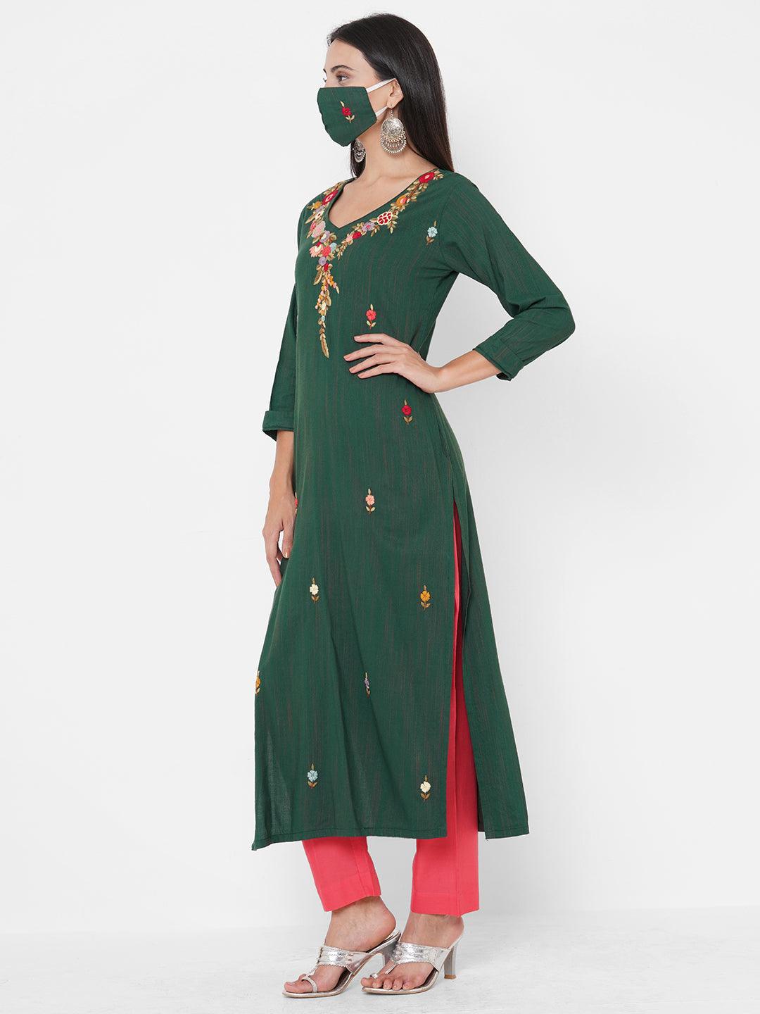 Floral Hand Embroidered & woven Design Kurta with 2-Ply Embroidered Mask - Dark Green - Indiakreations