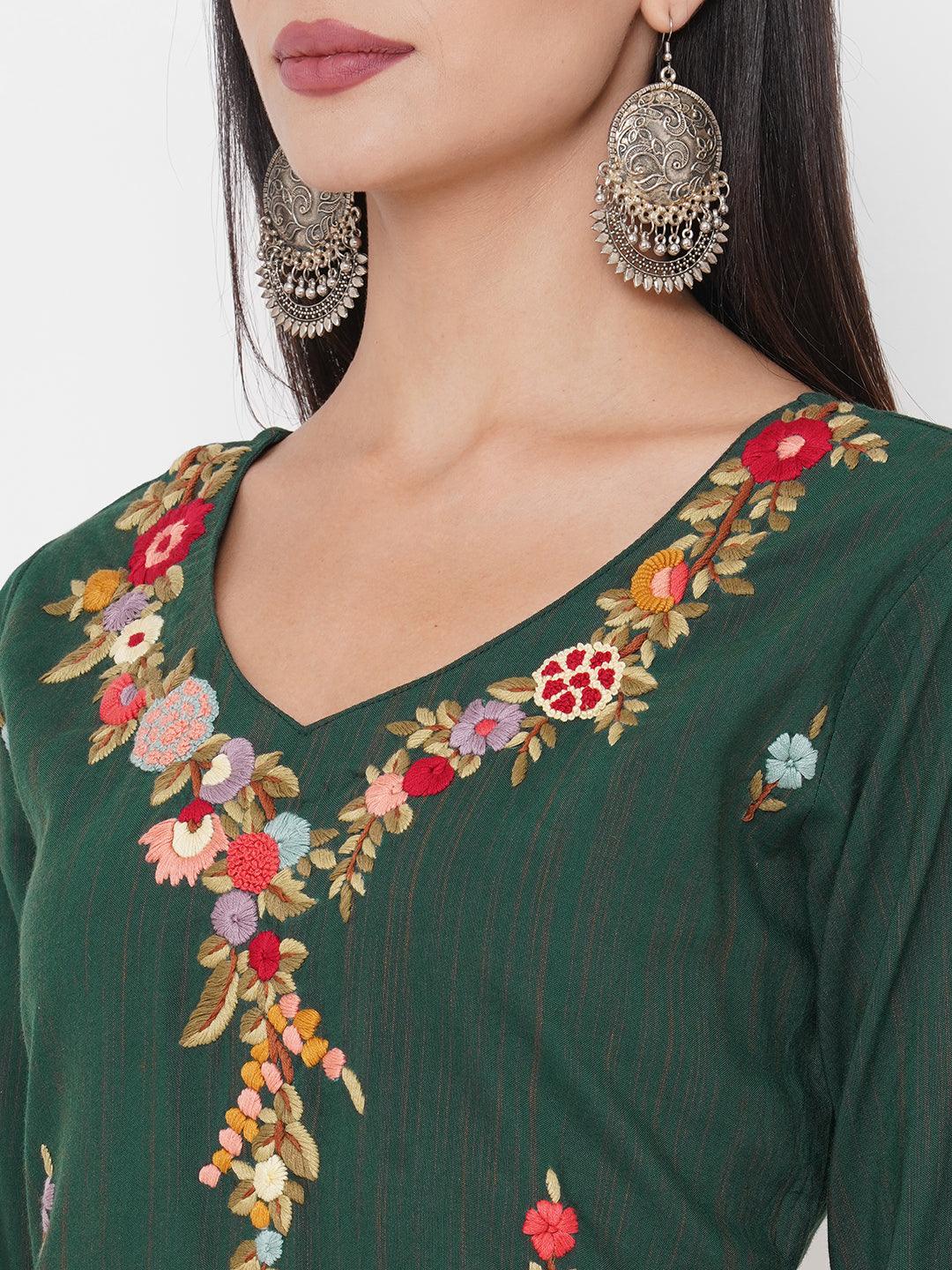 Floral Hand Embroidered & woven Design Kurta with 2-Ply Embroidered Mask - Dark Green - Indiakreations