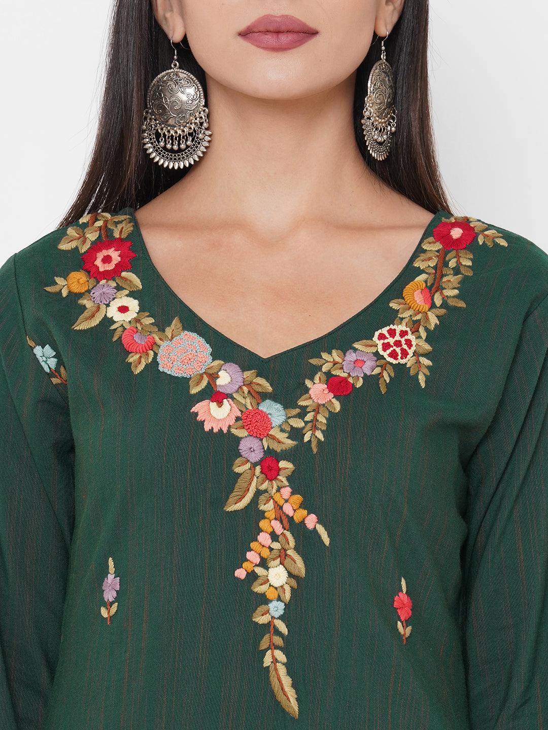 Floral Hand Embroidered & woven Design Kurta with 2-Ply Embroidered Mask - Dark Green - Indiakreations