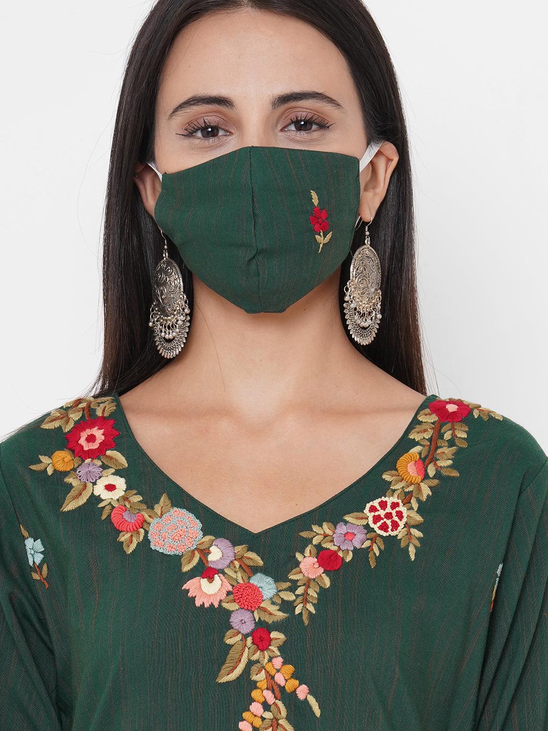 Floral Hand Embroidered & woven Design Kurta with 2-Ply Embroidered Mask - Dark Green - Indiakreations