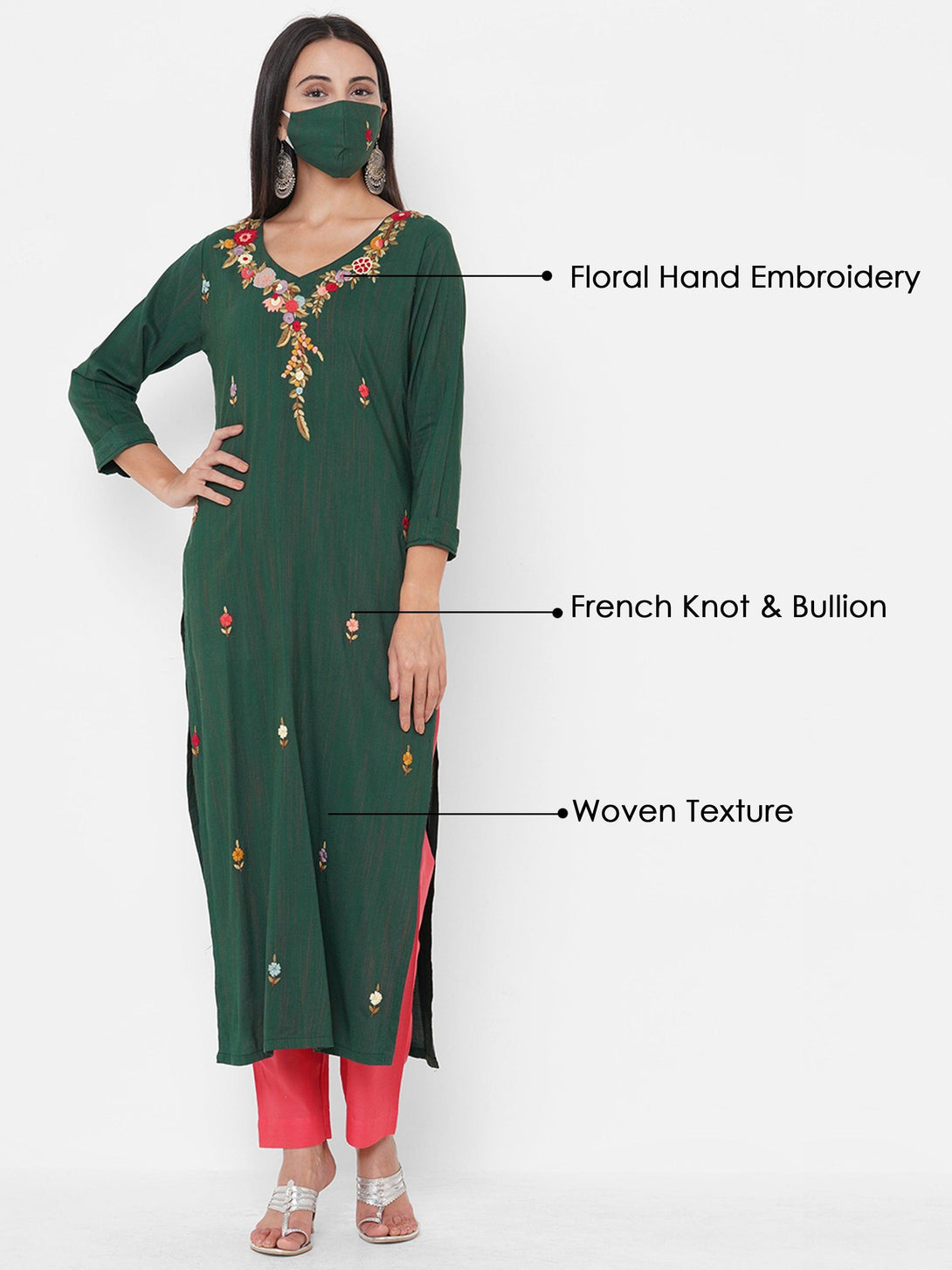 Floral Hand Embroidered & woven Design Kurta with 2-Ply Embroidered Mask - Dark Green - Indiakreations