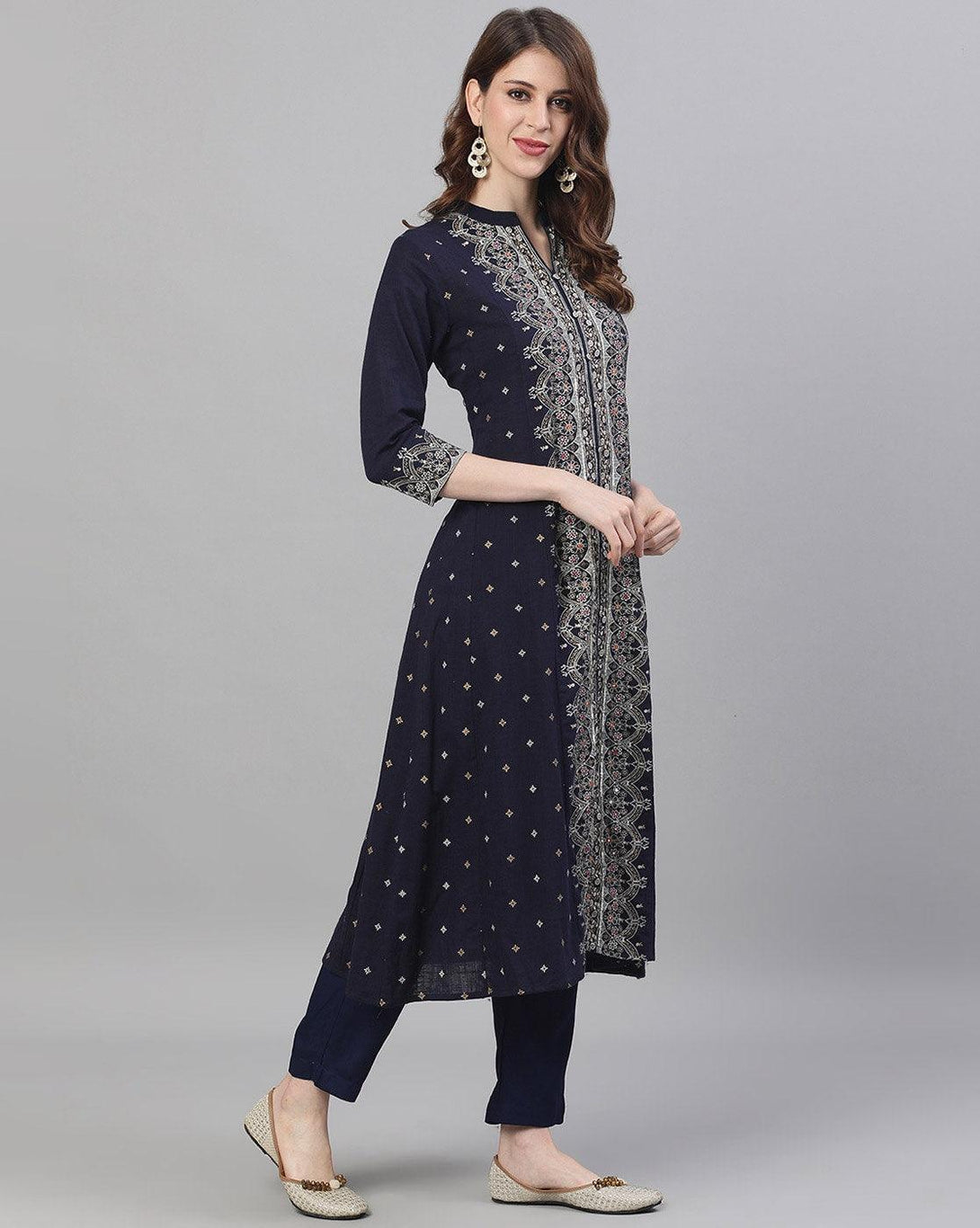 Women's Cotton Navy Blue Embroidered Anarkali Kurta - Ishin - Indiakreations