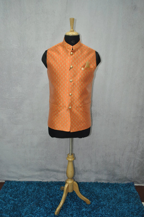 Orange Printed Men's Nehru Jacket