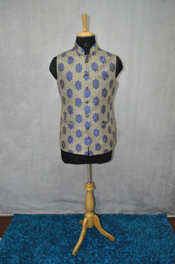 Blue Printed Grey Men's Woven Nehru Jacket