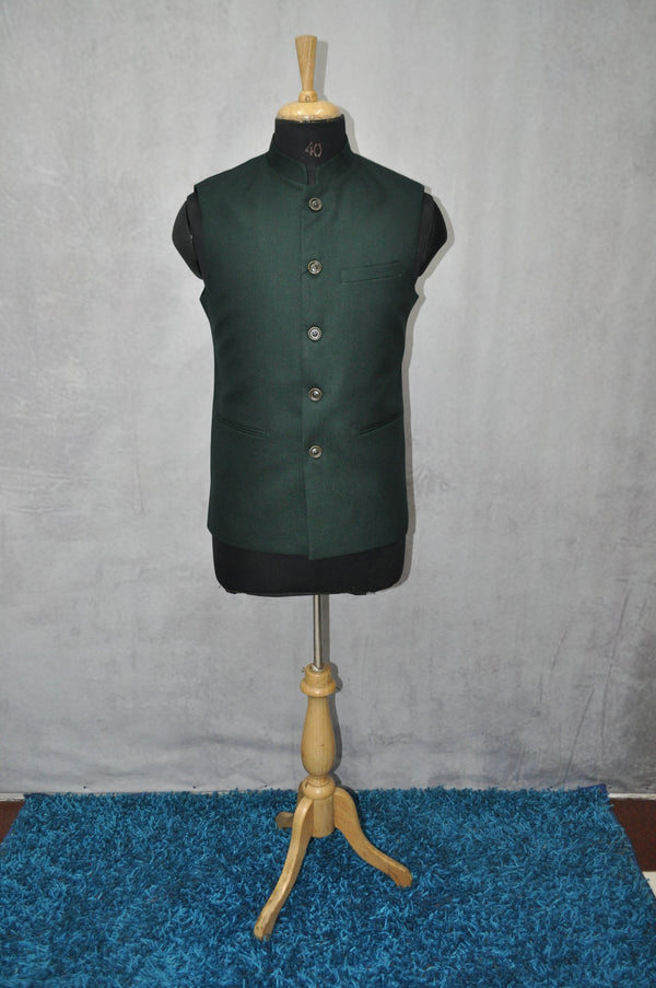 Dark Green Men's Jute Nehru Jacket By Suvidha