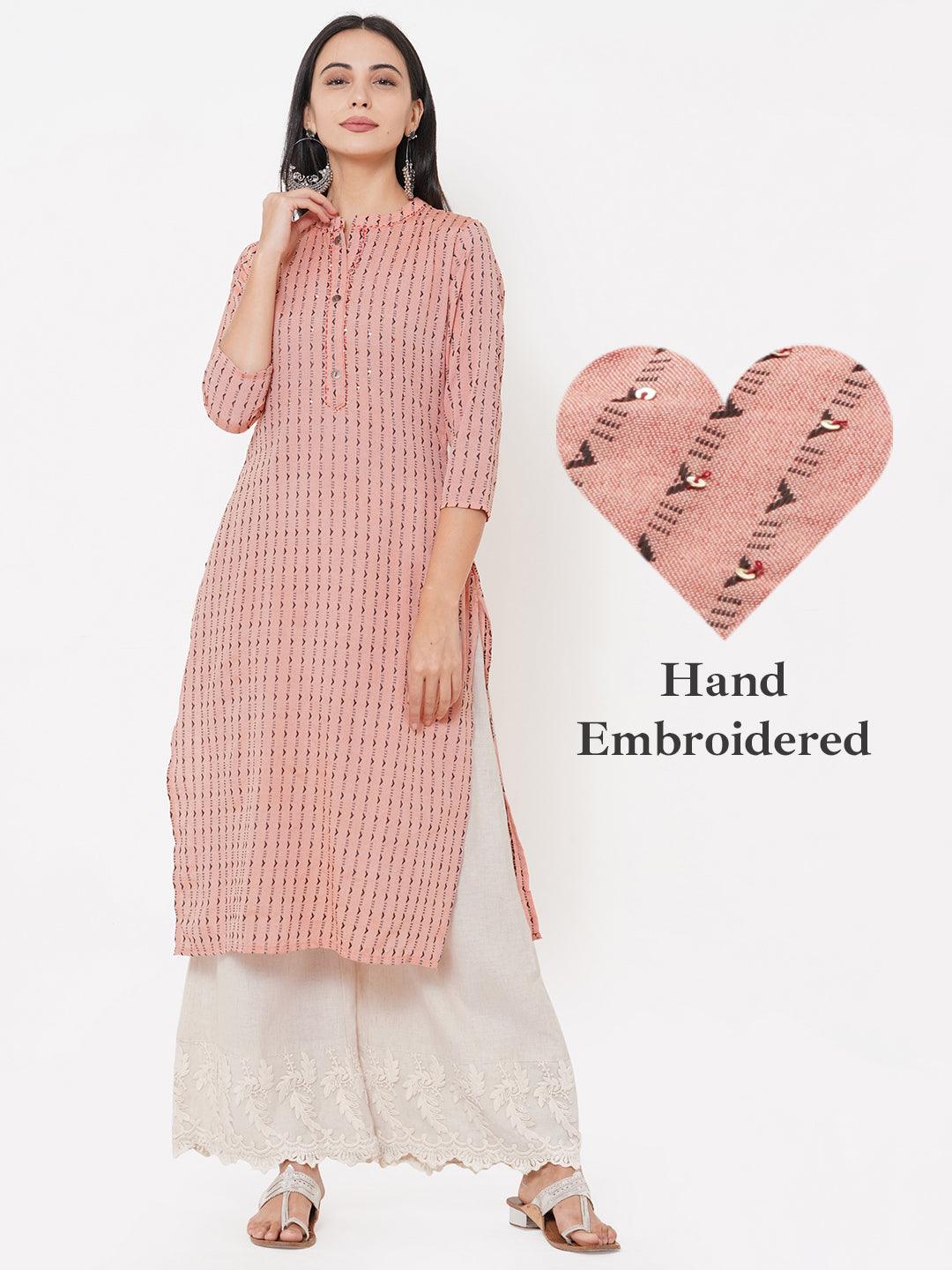 Woven Pattern & Minimal Hand Embroidered straight Kurta – Coral - Indiakreations