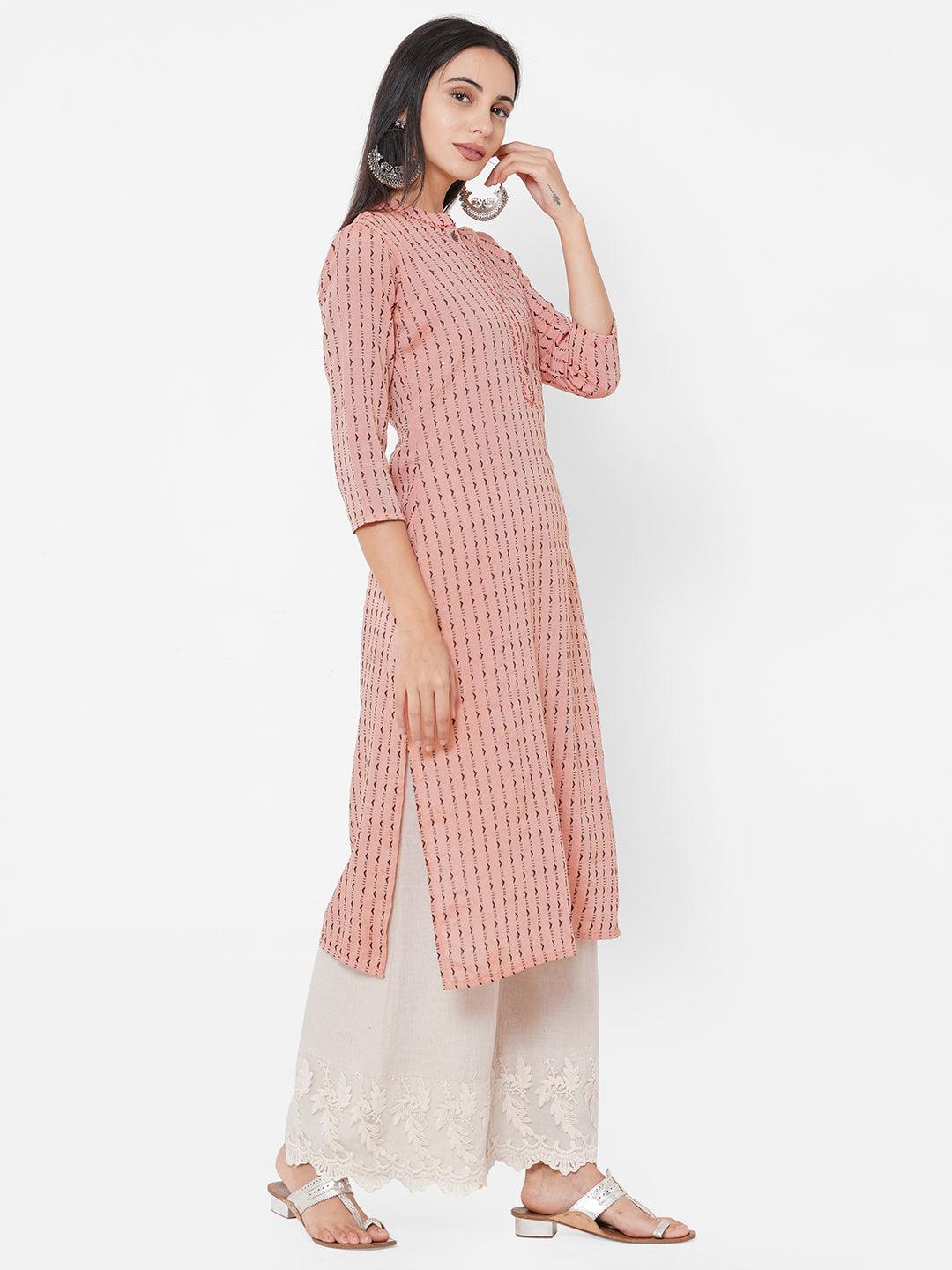 Woven Pattern & Minimal Hand Embroidered straight Kurta – Coral - Indiakreations