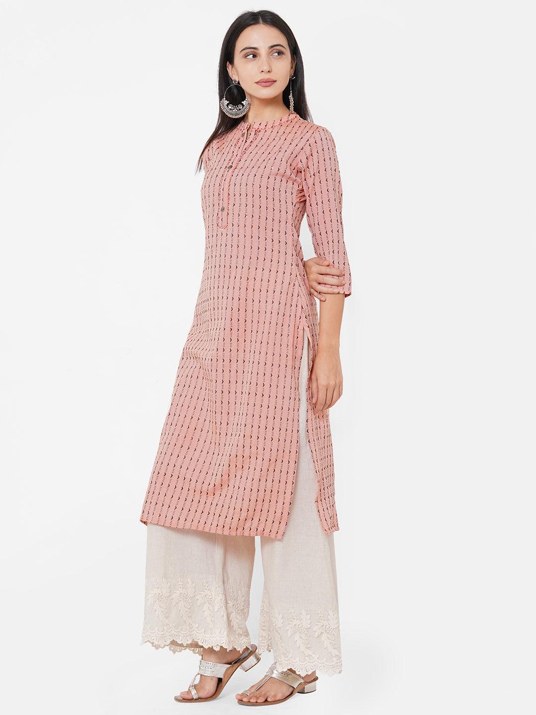 Woven Pattern & Minimal Hand Embroidered straight Kurta – Coral - Indiakreations