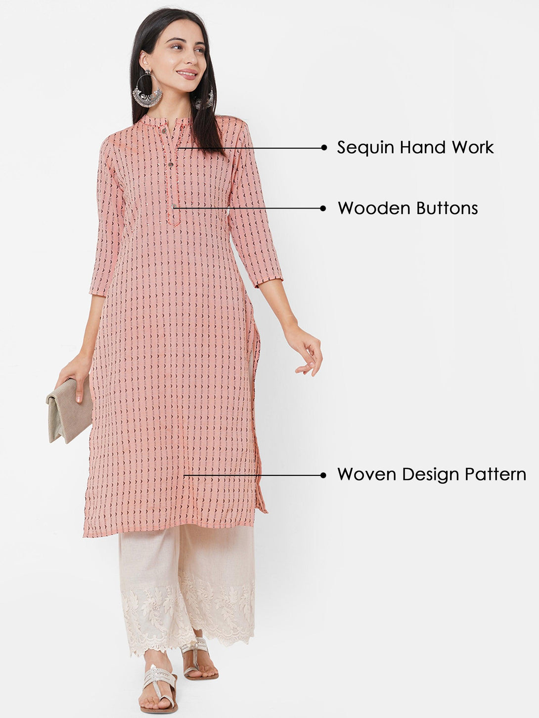 Woven Pattern & Minimal Hand Embroidered straight Kurta – Coral - Indiakreations