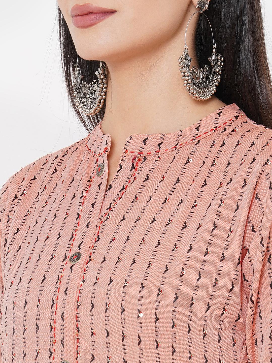 Woven Pattern & Minimal Hand Embroidered straight Kurta – Coral - Indiakreations