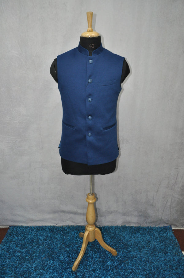 Men's Blue Solid Tailored Ethnic Jacket