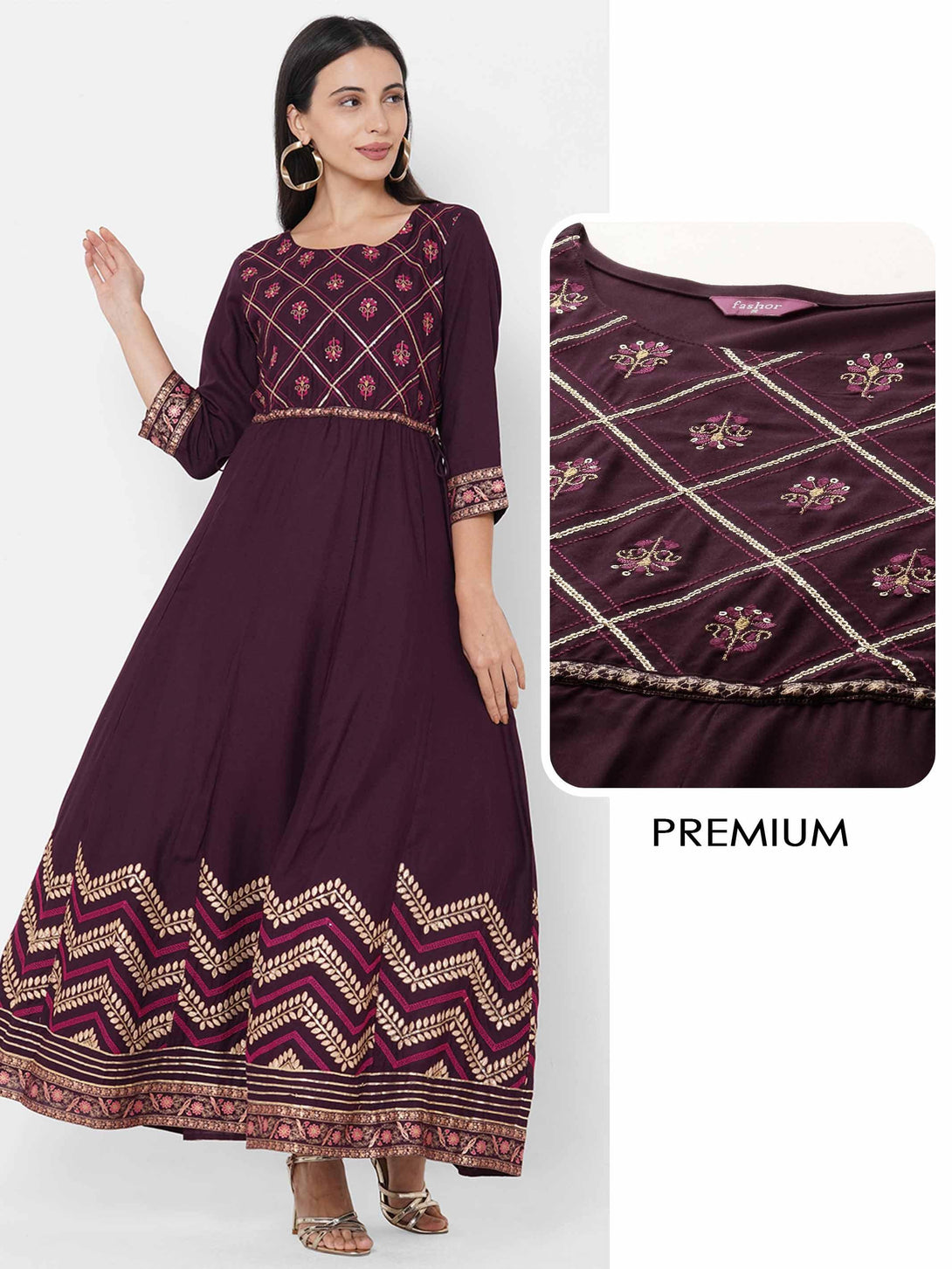 Ethnic & Floral Mix Embroidered A-Line Maxi Dress - Burgundy - Indiakreations