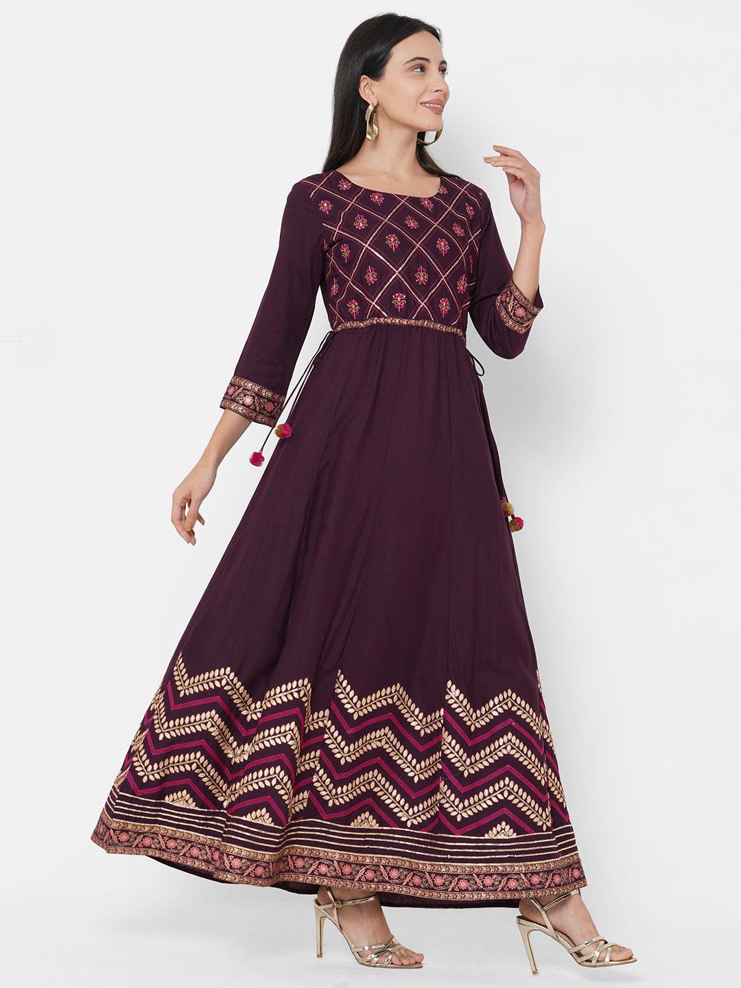 Ethnic & Floral Mix Embroidered A-Line Maxi Dress - Burgundy - Indiakreations