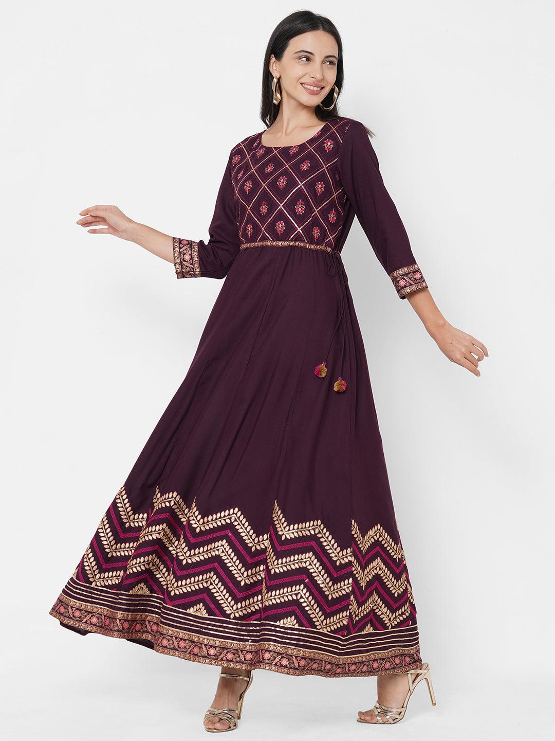 Ethnic & Floral Mix Embroidered A-Line Maxi Dress - Burgundy - Indiakreations