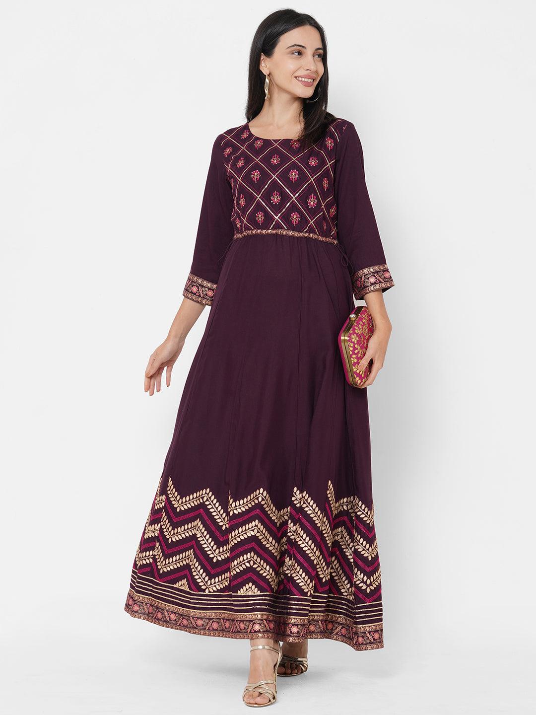 Ethnic & Floral Mix Embroidered A-Line Maxi Dress - Burgundy - Indiakreations