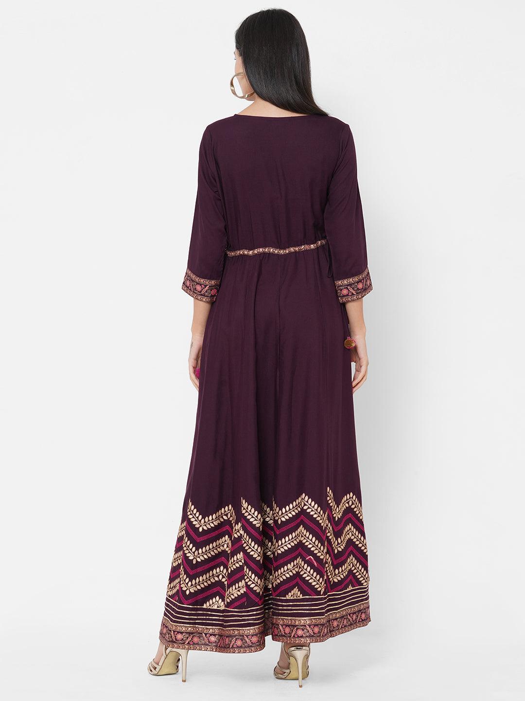 Ethnic & Floral Mix Embroidered A-Line Maxi Dress - Burgundy - Indiakreations